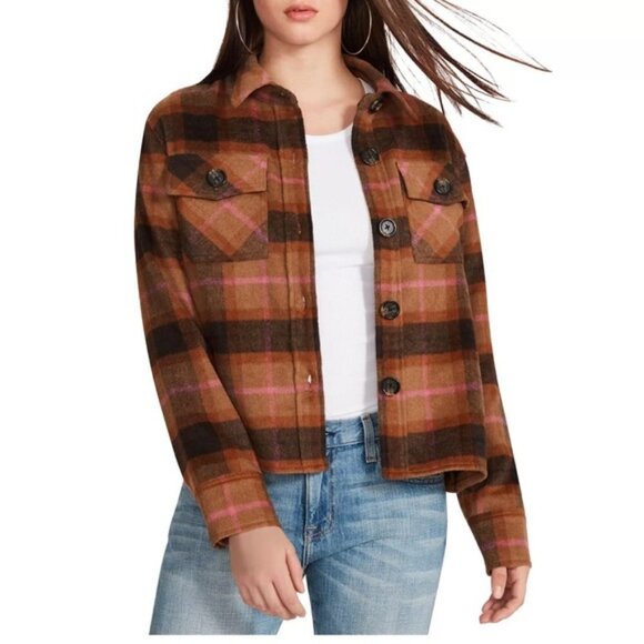 BB Dakota Steve Madden Boxy Shacket Button Down Shirt Brown Pink Women's XXL - Picture 1 of 2